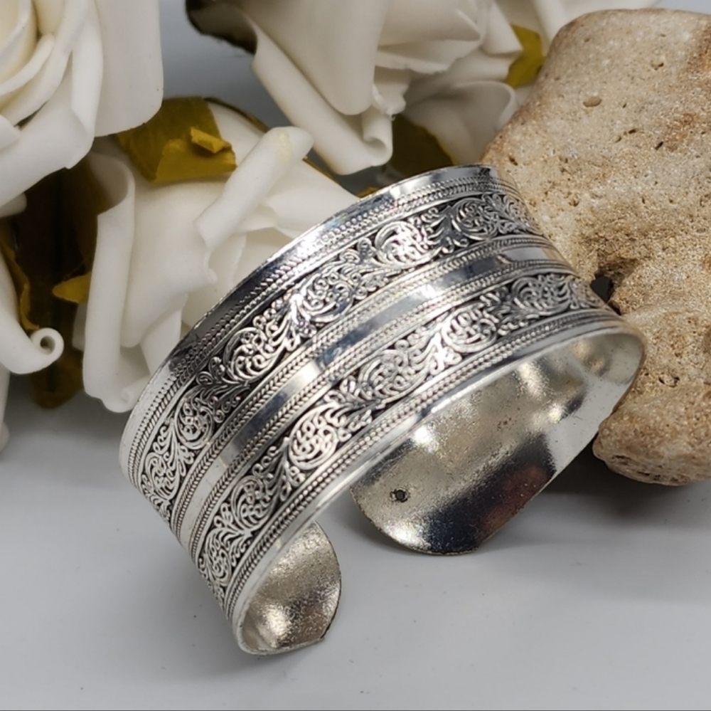 Boho Silver Bracelet Wide Band Flexible Adjustable